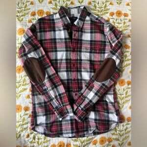 J.Crew Men Tartan Plaid Button Down Flannel Shirt Brown Suede Elbow Patches | M